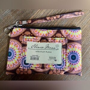 Olivia Moss Wristlet Purse w/ID Pocket medallion print brown w/pastel colors